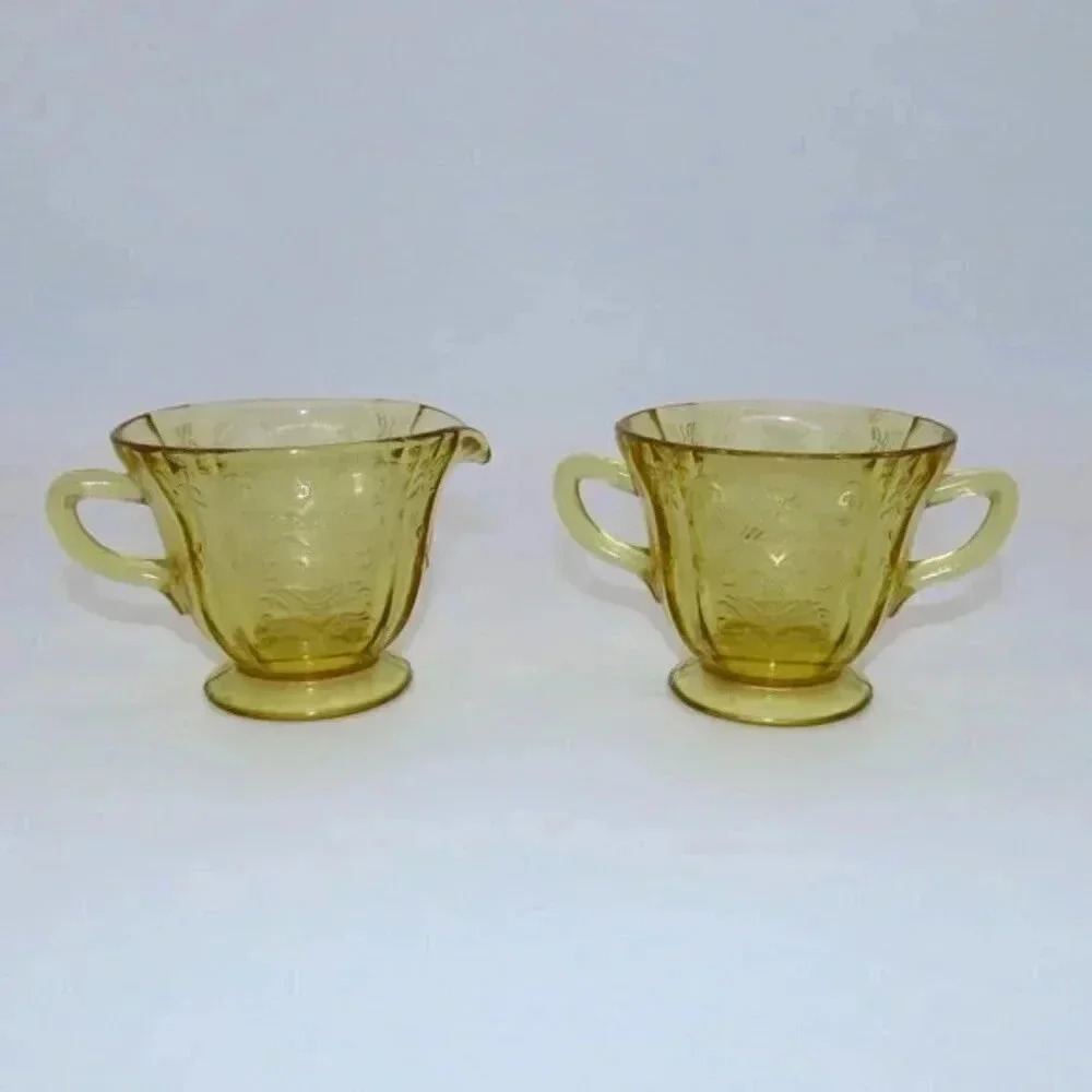 Federal Glass Company Amber Yellow Depression Madrid Cream and Sugar Set Vintage
